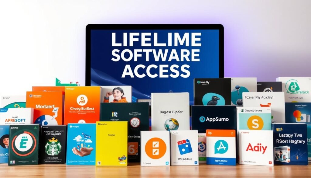 A well-lit, high-resolution image of a vibrant and diverse collection of software deals and lifetime access offers. In the foreground, a group of various digital products and services are displayed prominently, each with a clear and distinct visual identity. In the middle ground, a sleek and modern computer setup provides a sense of technology and productivity. The background features a clean, minimalist design with subtle hints of the Appsumo brand's color palette, conveying a sense of professionalism and trustworthiness. The overall scene exudes a sense of value, opportunity, and the promise of lifetime access to essential software tools.