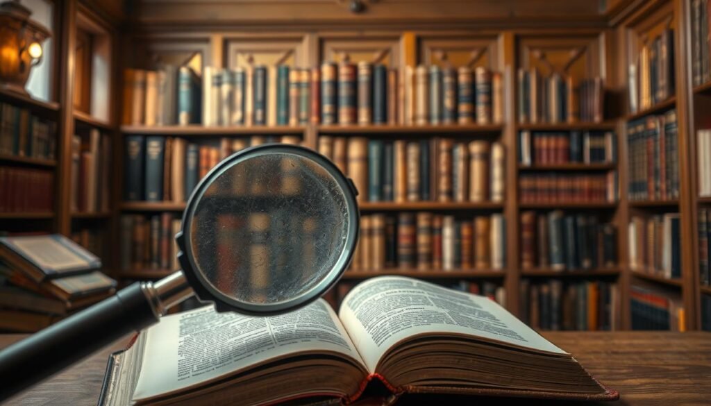 A well-lit, high-resolution image of the key features of searching for rare books on AbeBooks. In the foreground, a magnifying glass hovers over an open book, revealing intricate details of its pages and binding. In the middle ground, a virtual bookshelf showcases a diverse collection of rare, antique, and out-of-print titles, each with a distinct cover design. The background depicts a cozy, wood-paneled library setting, with soft lighting and a sense of scholarly contemplation. The overall composition conveys the joy of discovering and acquiring rare literary treasures through the AbeBooks platform.