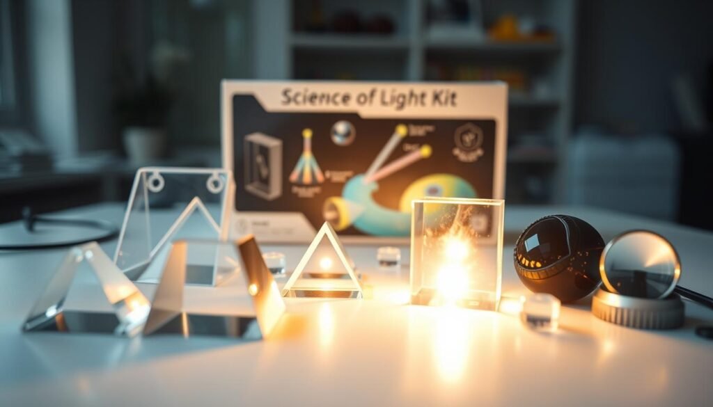 A well-lit, meticulously detailed close-up of a "Science of Light" educational kit. The foreground showcases the kit's components - prisms, lenses, mirrors, and LED light sources arranged neatly on a white tabletop. The middle ground features the sleek, minimalist packaging of the kit, highlighting its modern, science-oriented design. The background subtly blurs out, creating a sense of depth and emphasis on the kit itself. Lighting is soft and diffused, bringing out the transparent, refractive qualities of the optical elements. The overall mood is one of scientific curiosity and hands-on experimentation, inviting the viewer to explore the wonders of light and optics.
