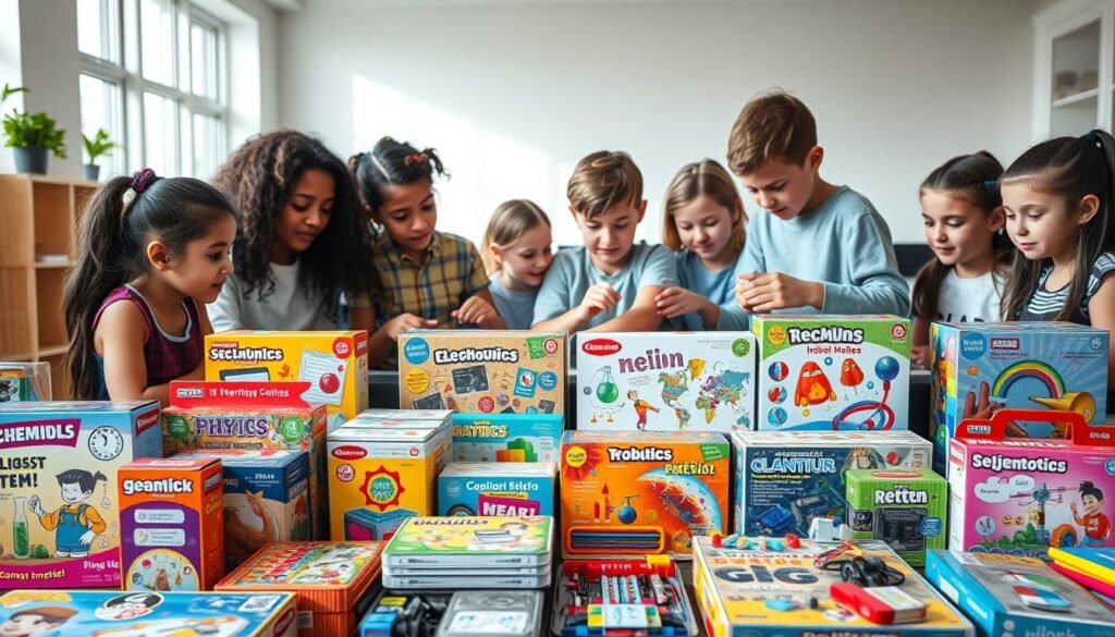 A well-lit, meticulously detailed scene depicting an assortment of colorful, engaging STEM kits for kids. In the foreground, an array of neatly arranged kits covering a range of scientific disciplines - chemistry, physics, electronics, robotics, and more. Vibrant packaging and illustrations invite young learners to explore. In the middle ground, a group of diverse children enthusiastically engaged with the kits, their faces alight with curiosity and wonder. The background features a modern, minimalist classroom or learning space, with large windows allowing natural light to flood the scene. An atmosphere of exploration, discovery, and hands-on STEM education permeates the image.