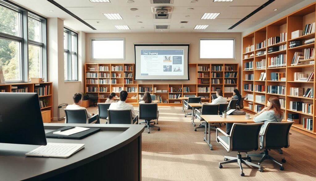 A well-lit, modern training room with an array of resources for trainers. In the foreground, a sleek podium with a laptop and presentation materials. The middle ground features comfortable seating for trainees, ergonomic chairs, and a large projection screen displaying instructional content. The background showcases a wall of bookshelves, filled with training manuals, reference guides, and learning resources. Soft, warm lighting creates a welcoming atmosphere, and large windows allow natural light to flow in, creating a bright and inspirational setting. The overall composition conveys a professional, well-equipped training environment tailored for experienced trainers.