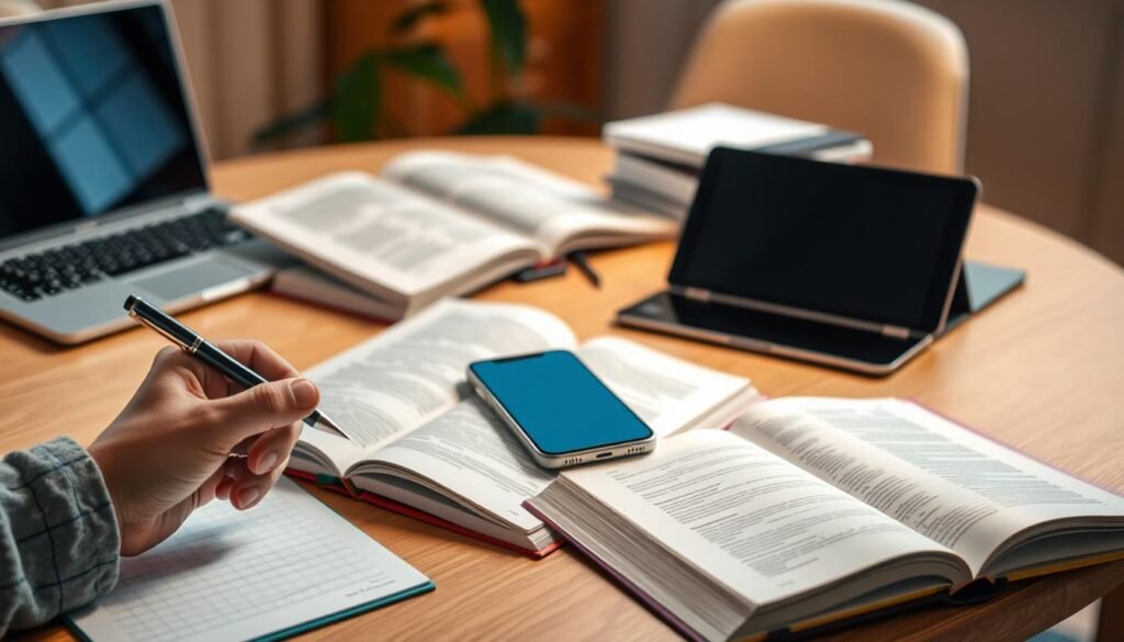 A well-lit table with a laptop, phone, and several books open, showcasing reviews of various online language learning platforms. The table has a warm, inviting atmosphere, with soft lighting and a clean, modern aesthetic. In the foreground, a hand is holding a pen, ready to take notes. The middle ground features the open books and devices, highlighting the process of researching and evaluating the platforms. The background is slightly blurred, creating a sense of focus on the central subject matter. The overall scene conveys a sense of diligence, research, and the pursuit of knowledge in the realm of online language learning.