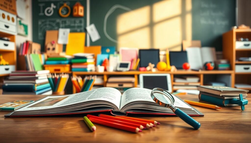 A well-organized classroom setting with an array of educational tools arranged thoughtfully. In the foreground, an open book, colorful pencils, and a magnifying glass sit on a wooden desk, inviting hands-on exploration. The middle ground showcases a variety of textbooks, tablets, and educational manipulatives, reflecting the diverse learning styles of young students. In the background, a chalkboard or whiteboard provides a canvas for interactive lessons, bathed in warm, natural lighting that creates a nurturing, focused atmosphere. The overall scene conveys a sense of discovery, learning, and the careful selection of appropriate tools to support a child's educational journey.