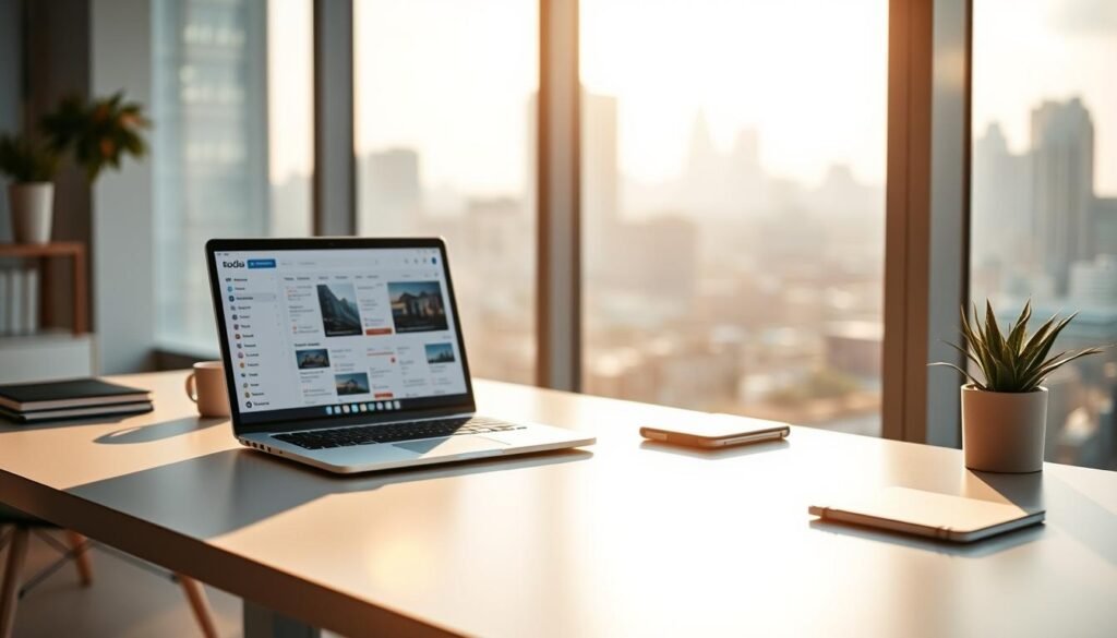A well-organized workspace with a sleek, minimalist desk. On the desk, a laptop displays various task management software integrations, seamlessly coordinating projects, to-do lists, and calendars. Warm, natural lighting filters through large windows, creating a productive and calming atmosphere. The background features a subtle, blurred city skyline, hinting at the interconnectedness of work and life. A sense of efficiency and control pervades the scene, reflecting the benefits of using a comprehensive task management tool like Todoist.