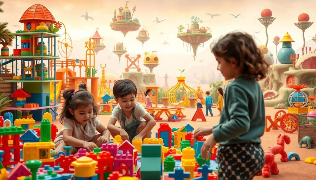 A whimsical playground bursting with imaginative toys and enchanting structures. In the foreground, a group of children engage in creative play, their faces alight with wonder as they explore colorful building blocks, modular pieces, and playful kinetic sculptures. The middle ground features an assortment of interactive puzzles, mazes, and tactile stations that stimulate the senses and challenge young minds. In the background, a serene, dreamlike landscape with floating islands, fantastical vegetation, and a warm, soft-focus lighting that evokes a sense of boundless creativity and possibility. The overall scene conveys a harmonious balance of structure and freeform expression, encouraging the development of imagination, problem-solving, and cognitive flexibility.