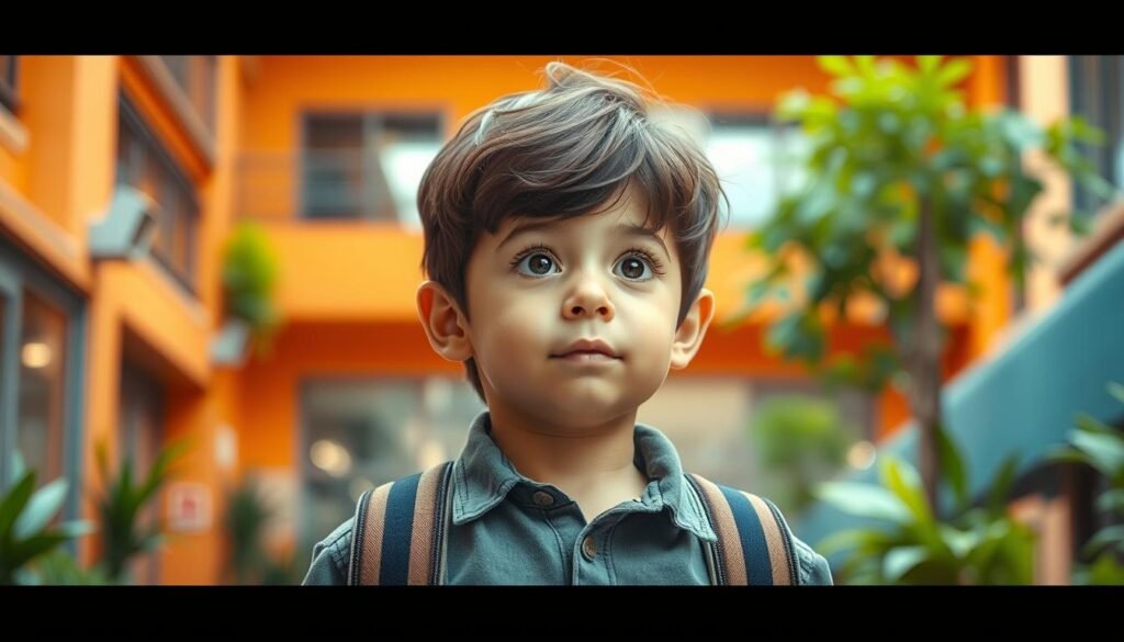 A young boy, full of energy and determination, stands tall amidst a vibrant, colorful world. His eyes sparkle with a sense of adventure, his brow furrowed in concentration as he contemplates his next entrepreneurial endeavor. The background is a harmonious blend of warm hues, with touches of modern architecture and greenery, suggesting an urban setting that fosters creativity and innovation. Soft, directional lighting illuminates the boy's features, casting a glow of optimism and resourcefulness. The composition emphasizes the child's confident, entrepreneurial spirit, capturing the essence of the "Entrepreneurial Child" concept. A sense of wonder and possibility pervades the scene, inviting the viewer to explore the boundless potential of this remarkable young individual.