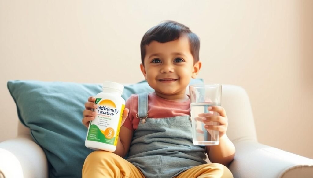 A young child sitting on a comfortable chair, holding a child-friendly laxative bottle and a glass of water. The scene is brightly lit with warm, natural lighting, creating a soothing and approachable atmosphere. The child's expression is calm and content, conveying a sense of trust and ease. The background is clean and uncluttered, with a subtle texture or pattern to provide visual interest without distracting from the main subject. The overall composition is well-balanced and emphasizes the safe and responsible use of the laxative, in line with the article's focus on gentle and effective constipation treatment for children.