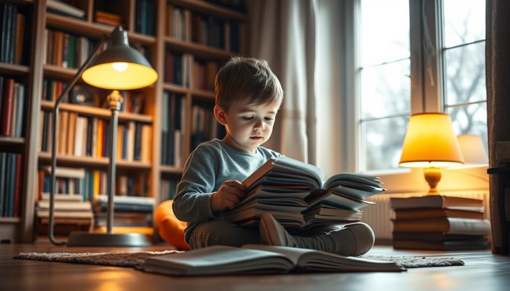 A young child sitting on the floor, surrounded by a cozy, well-lit room, intently reading a stack of books. The child's face is illuminated by the warm glow of a nearby lamp, their eyes fixed on the pages, completely absorbed in the world of literature. Soft, natural light filters in through a large window, casting a gentle, inviting atmosphere. The room is filled with bookshelves, creating a sense of intellectual curiosity and a love for learning. The child's posture is relaxed, their expression one of peaceful concentration, reflecting the power of reading to transport the mind and spark the imagination.