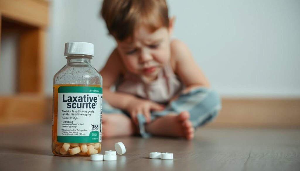 A young child sitting on the floor, their face expressing discomfort and disquiet. In the foreground, a bottle of laxative medication rests on the ground, its label prominently displayed. The child's body language suggests unease, with a slight hunching and a pained expression. The lighting is soft and muted, creating a pensive atmosphere. The background is blurred, placing the focus entirely on the child and the medication. The scene conveys the potential side effects and risks associated with children's laxative use, evoking a sense of concern and empathy.