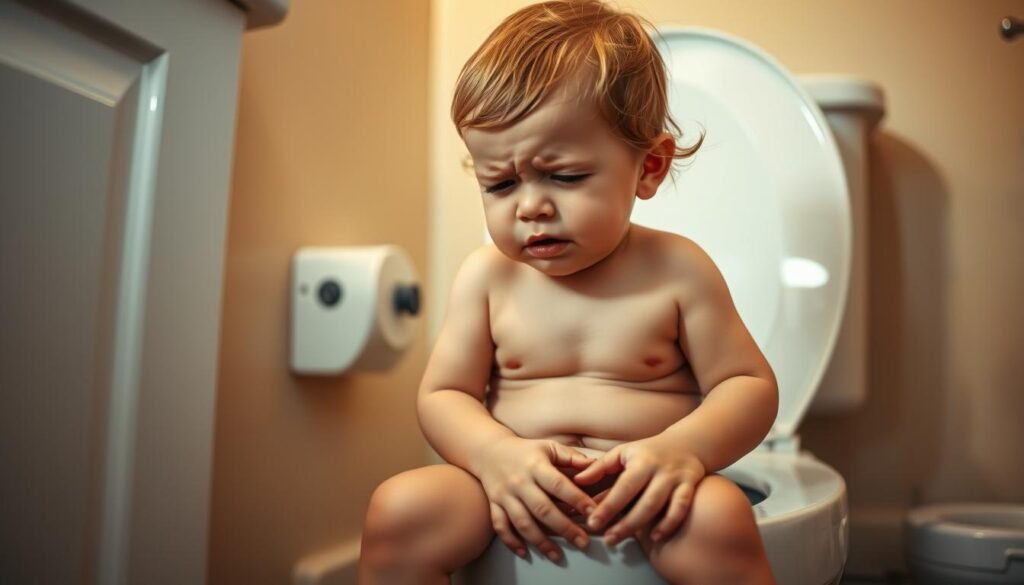 A young child sitting on the toilet, looking uncomfortable and distressed, with a pained expression on their face. The child's abdomen is slightly swollen, and they are gripping the toilet seat. The bathroom is well-lit, with warm, soft lighting that casts a gentle glow. The scene is captured from a low angle, emphasizing the child's struggle and vulnerability. The background is blurred, keeping the focus on the child's face and body language, which convey the clear signs and symptoms of childhood constipation.