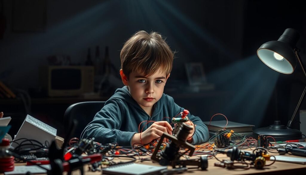 A young inventor sits at a cluttered workbench, surrounded by scattered tools, wires, and unfinished prototypes. A look of deep concentration is etched on their face as they grapple with the challenges of their invention. The background is dimly lit, with a sense of tension and uncertainty. Rays of light from a single desk lamp pierce the gloom, illuminating the intricate details of the work in progress. The overall atmosphere conveys the struggles and determination of the child inventor, as they navigate the complexities of bringing their creative ideas to life.
