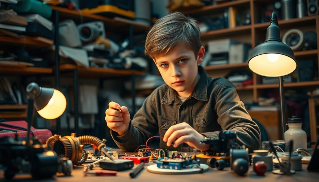 A young inventor sitting at a workbench, tinkering with various mechanical and electronic components. Surrounded by cluttered shelves filled with tools, gadgets, and half-finished projects. A look of intense focus and determination on their face as they experiment and problem-solve. Warm, soft lighting from a desk lamp casts an inviting glow, highlighting the intricate details of their work. The background is slightly blurred, emphasizing the subject and their creative process. An atmosphere of curiosity, imagination, and the thrill of discovery.