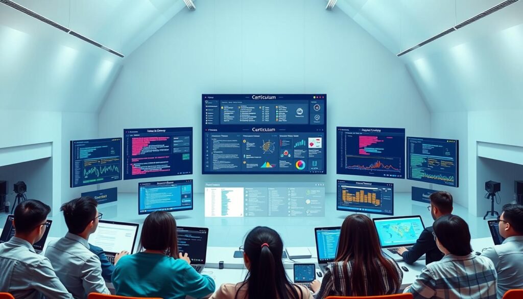 An elaborate online data science learning platform with a clean, modern interface. In the foreground, a group of students engrossed in interactive tutorials, surrounded by vibrant data visualizations and coding interfaces. In the middle ground, a large central screen displays a comprehensive curriculum covering various data science disciplines. The background features a serene, minimalist environment with geometric shapes and soft lighting, creating a sense of focus and productivity. The overall atmosphere conveys a balanced blend of educational rigor, technological sophistication, and student engagement.