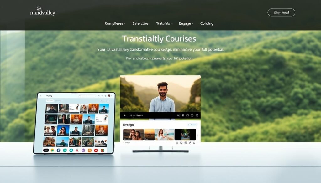 An elegant online learning platform, Mindvalley, set against a serene backdrop. In the foreground, a minimalist interface with clean lines and vibrant icons, inviting the user to explore its vast library of transformative courses. The middle ground features immersive video lessons, with an instructor's warm presence guiding the learner. In the distance, a lush, verdant landscape evokes a sense of tranquility and inspiration, complementing the platform's holistic approach to personal growth. Soft, diffused lighting illuminates the scene, creating a sense of balance and harmony. The overall atmosphere is one of warmth, knowledge, and a commitment to empowering individuals to unlock their full potential.