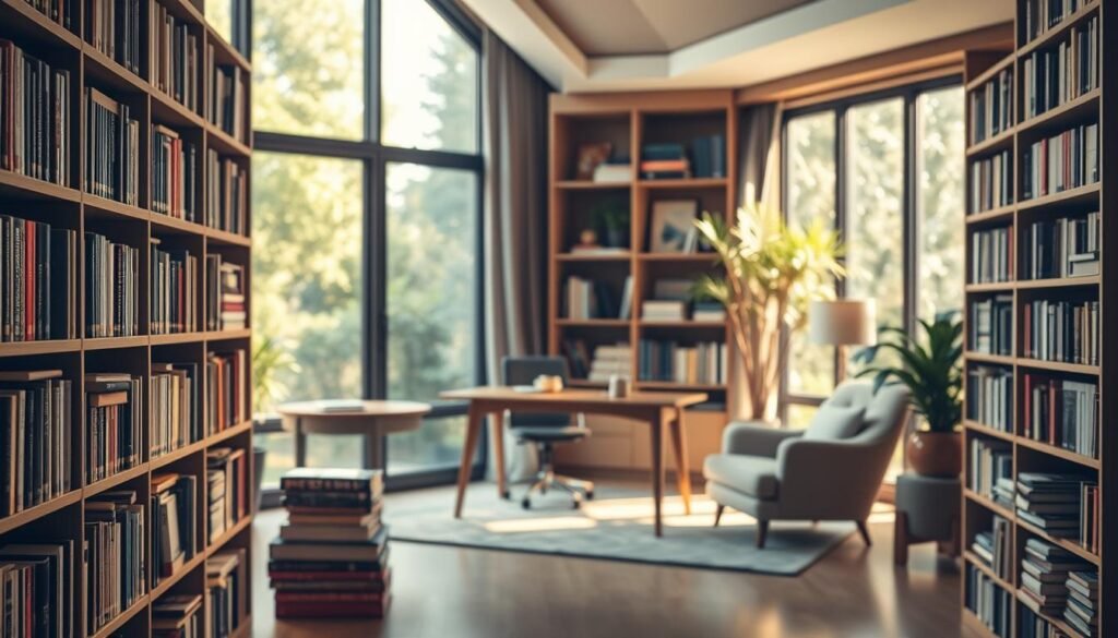 An elegantly designed book-filled bookshelf dominates the foreground, casting warm, diffused lighting across the scene. Meticulously curated educational books with vibrant covers line the shelves, their spines showcasing diverse subject matter. In the middle ground, a serene study space with a wooden desk and ergonomic chair invites contemplation. The background depicts a cozy, sun-dappled reading nook, complete with a plush armchair and a large window overlooking a lush, verdant garden. The overall atmosphere exudes a sense of intellectual curiosity, learning, and the nurturing of young minds.