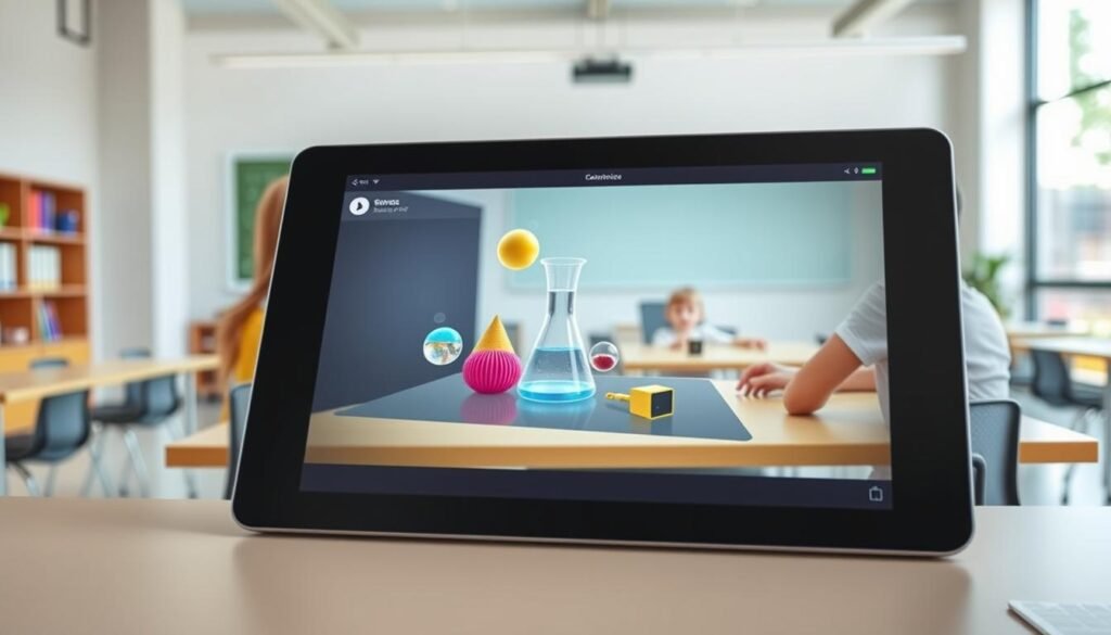 An interactive educational platform with a clean, modern interface. In the foreground, a tablet or laptop display showcases immersive digital content, perhaps a 3D science experiment or an augmented reality learning experience. The middle ground features ergonomic desks or tables, creating an inviting workspace for students. The background is a bright, well-lit classroom setting with large windows, allowing natural light to flood the space and enhance the sense of openness and exploration. The overall atmosphere is one of curiosity, engagement, and a seamless blend of technology and hands-on learning.