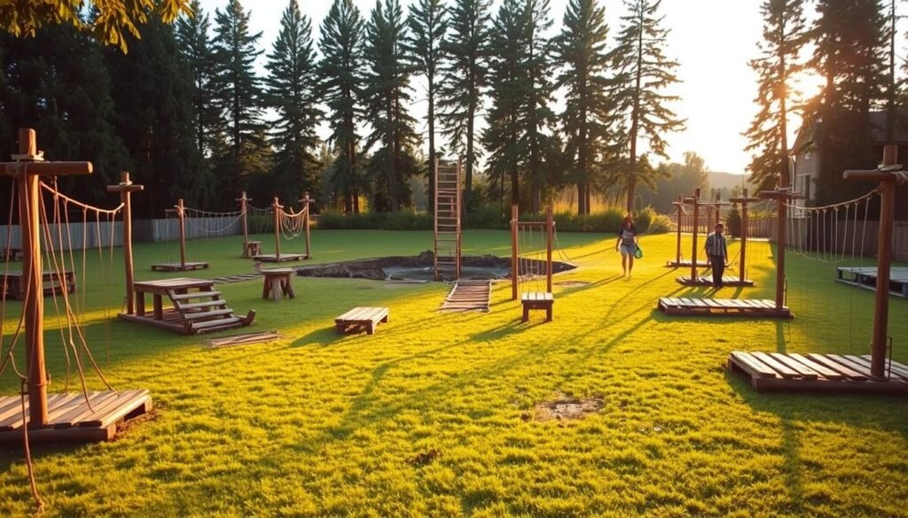 Backyard obstacle course for team building: A rugged, well-designed outdoor obstacle course, with a variety of challenging elements scattered across a lush, verdant lawn. In the foreground, sturdy wooden structures, ropes, and balance beams invite groups to navigate through the course, testing their teamwork and physical abilities. The middle ground features a mud pit and a tall climbing wall, casting long shadows under the warm, golden hour lighting. In the background, a line of tall trees frames the scene, creating a sense of depth and a peaceful, natural setting. The overall atmosphere is one of camaraderie, adventure, and the thrill of overcoming obstacles together.