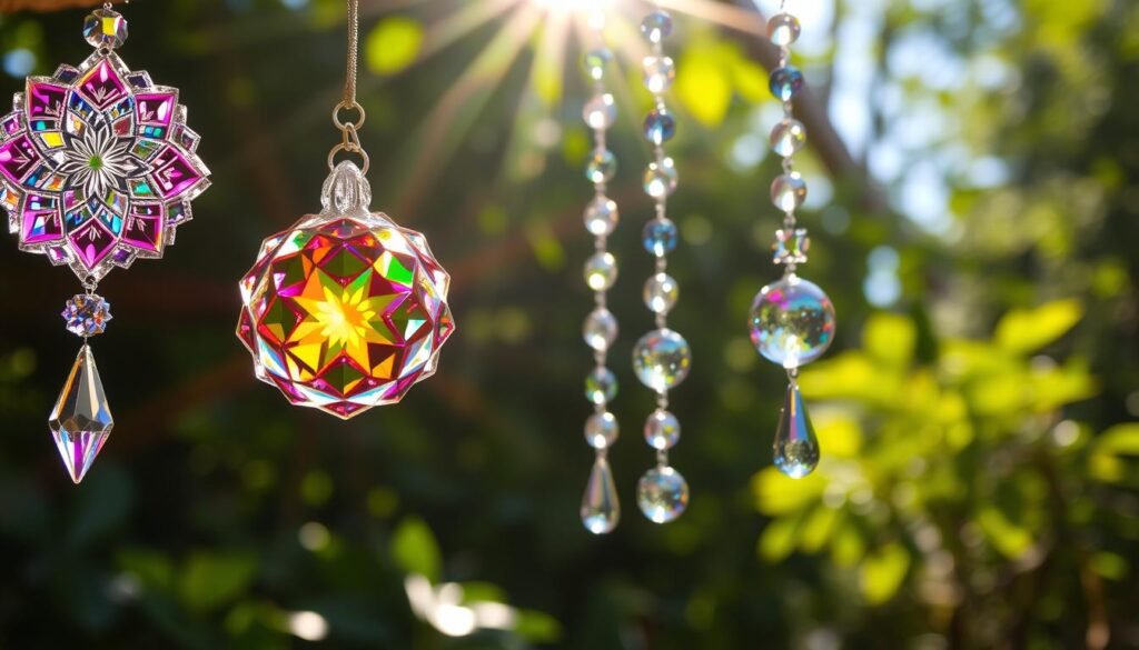 Beautifully crafted crystal sun catchers, adorned with intricate geometric patterns, suspended in a radiant burst of light. The foreground showcases delicate, prismatic glass ornaments catching the sun's rays, refracting vibrant rainbow hues across the scene. In the middle ground, an array of glass beads and pendants hang gracefully, their surfaces polished to a lustrous shine. The background features a softly blurred natural setting, with sunlight filtering through lush foliage, creating a serene, enchanted atmosphere. Captured with a shallow depth of field, the image emphasizes the captivating details and sparkling, kaleidoscopic effects of these captivating chemistry-inspired creations.