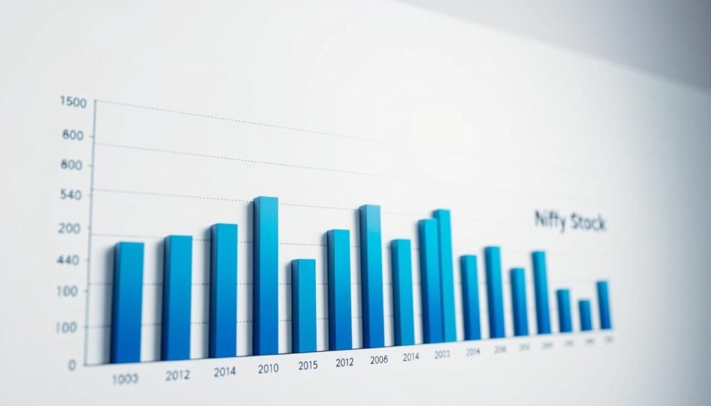 Detailed bar chart showcasing key performance metrics for the Nifty stock index. Sleek, minimalist design with a clean white background. Bars in shades of blue and green, precisely visualizing data points like index value, trading volume, and market capitalization. Subtle metallic accents on the axis labels and gridlines, conveying a sense of sophistication. Carefully balanced lighting casts soft shadows, adding depth and dimensionality to the chart. Camera positioned at a slight angle to provide an engaging, dynamic perspective. The overall mood is one of professionalism, clarity, and data-driven insights.