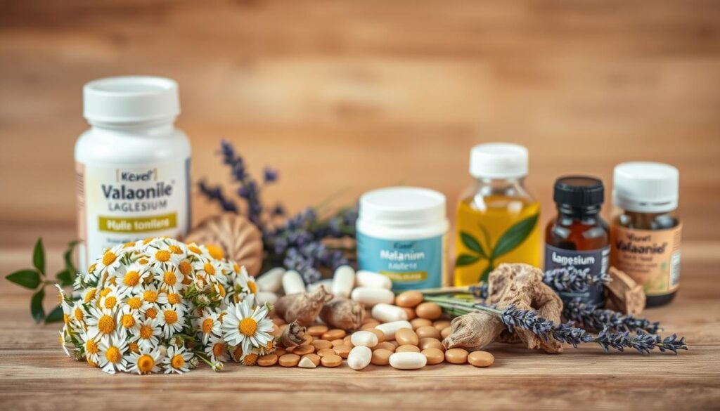 Detailed still life of various natural sleep aid ingredients for children, arranged on a wooden surface with soft, warm lighting. In the foreground, chamomile flowers, valerian root, and melatonin supplements are displayed. In the middle ground, lavender sprigs, magnesium tablets, and herbal tinctures are carefully placed. The background features a soothing gradient of earthy tones, evoking a calming, holistic atmosphere. The composition emphasizes the purity and efficacy of these natural sleep remedies for young, restful slumber.