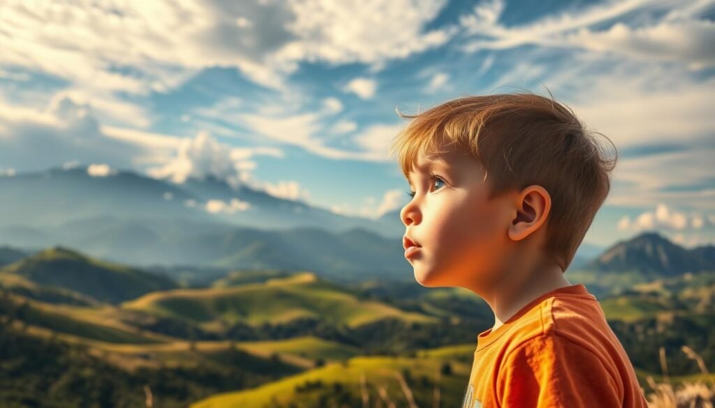 Explore the world: a young child gazing upon a vast, vibrant landscape, captivated by the endless possibilities before them. Lush rolling hills, towering mountains, and a sky painted with swirling clouds invite the curious mind to venture forth. Warm, golden sunlight bathes the scene, creating a sense of wonder and discovery. The child's eyes sparkle with excitement, ready to embark on new adventures and broaden their understanding of the diverse world around them. Capture the essence of expanding horizons and exposing young minds to novel experiences, inspiring creativity and imagination.