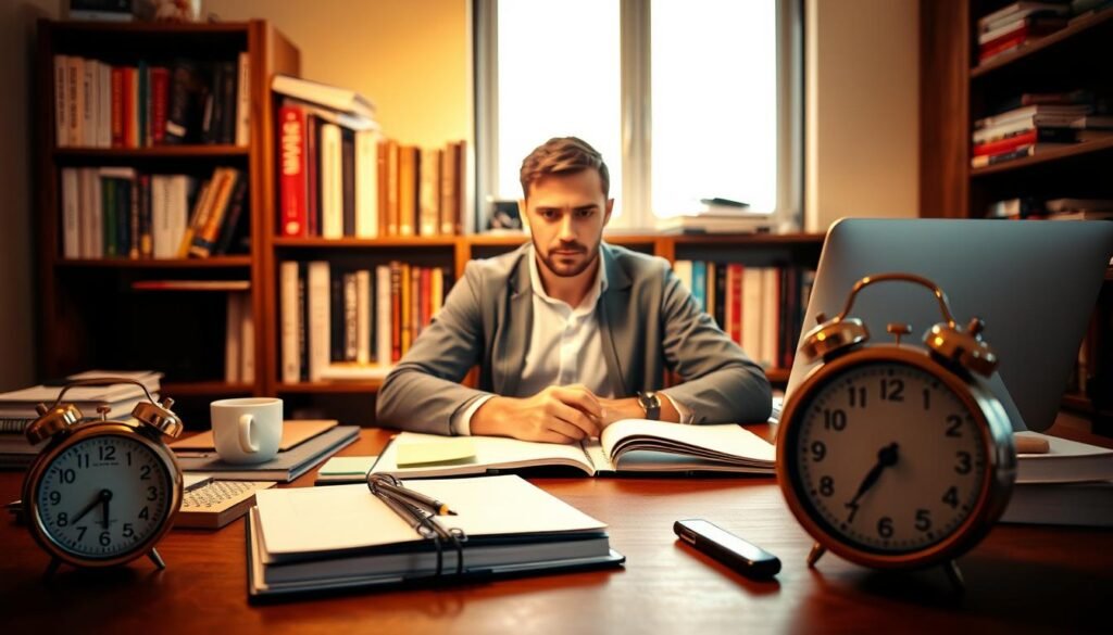 Overcoming procrastination: A determined individual sits at a desk, surrounded by an array of productivity-boosting tools and strategies. The scene is bathed in warm, focused lighting, evoking a sense of focus and determination. In the foreground, a timer ticks away, symbolizing the need to manage time effectively. On the desk, a planner, sticky notes, and a cup of coffee suggest a methodical approach to tackling tasks. The background features a bookshelf filled with self-help and time management resources, hinting at the person's commitment to personal growth. The overall atmosphere conveys a sense of purpose and the resolve to overcome the challenges of procrastination.