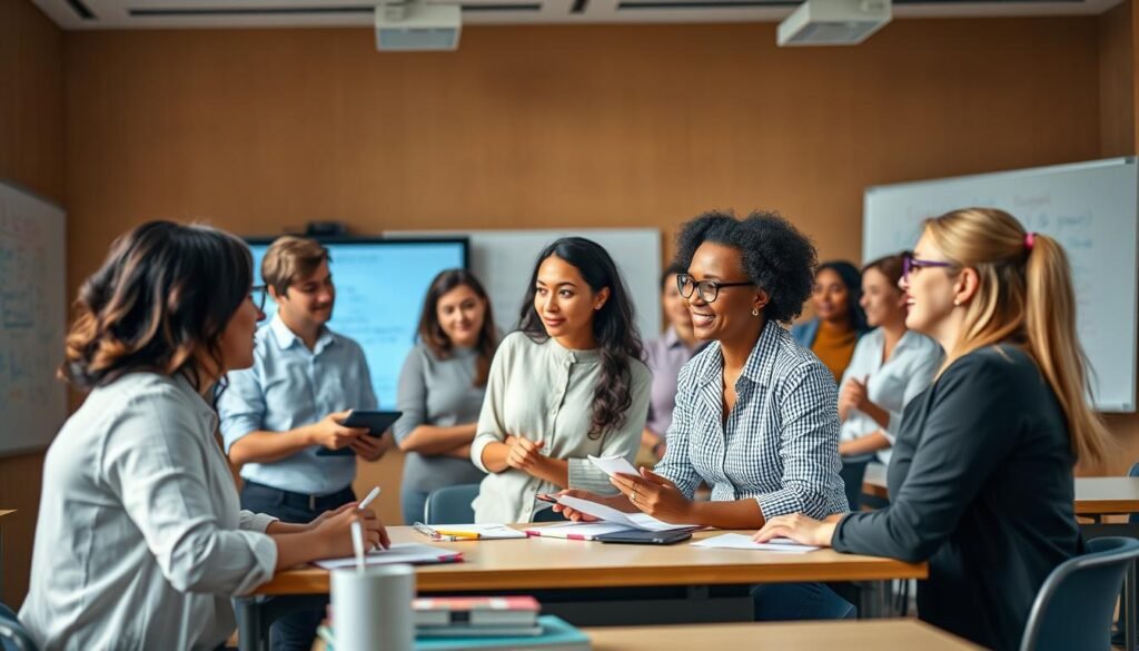 Skilled English language teachers in a well-lit, modern classroom setting. In the foreground, a diverse group of educators engaged in interactive lessons, utilizing digital whiteboards and other educational technology. The middle ground showcases teaching materials, language learning resources, and a sense of dynamic, collaborative learning. The background features warm, neutral tones that create a calming, professional atmosphere. The lighting is soft and diffused, highlighting the teachers' faces and the thoughtful expressions as they guide their students. An image that conveys the expertise, dedication, and qualifications of the English language instructors on the Cambly platform.