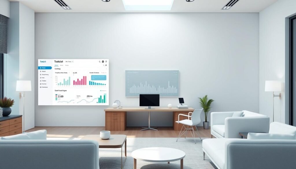Sophisticated administrative dashboard with elegant user interface, displaying seamless integrations between Todoist and other productivity tools. Minimalist layout with intuitive data visualizations, clean typography, and a calming, professional color palette. Soft lighting illuminates a workspace with sleek, modern furnishings, creating a serene, distraction-free environment. High-resolution, 3D rendered scene captures the harmony of interconnected task management systems, inspiring efficiency and organization.