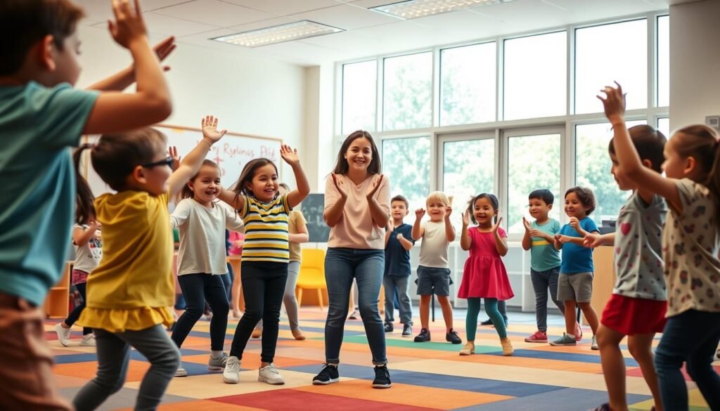 Students participating in movement-based classroom activities. A vibrant, colorful scene of a group of young students joyfully engaging in various physical exercises and games. In the foreground, children enthusiastically move their bodies, stretching, jumping, and laughing. In the middle ground, a teacher guides the activities, clapping and demonstrating new movements. The background depicts a well-lit, modern classroom setting with large windows, allowing natural light to flood the space. The overall atmosphere is one of energy, collaboration, and a sense of playful learning.