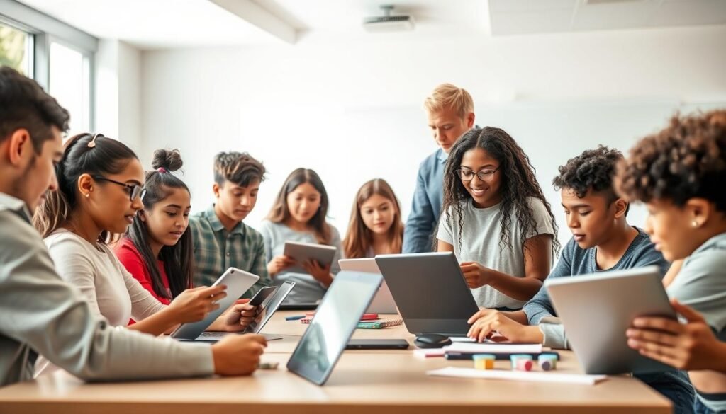Students using technology for classroom activities - a vibrant, well-lit scene of a modern classroom. In the foreground, a group of diverse students, engaged and focused, interacting with tablets and laptops. Their expressions convey a sense of collaborative learning and discovery. In the middle ground, the teacher moves among the students, guiding and facilitating the technology-enhanced activities. The background features a clean, minimalist classroom setting with large windows, allowing natural light to flood the space and create a warm, inviting atmosphere. The overall mood is one of productive, student-centered learning, where technology seamlessly integrates with traditional pedagogical approaches.