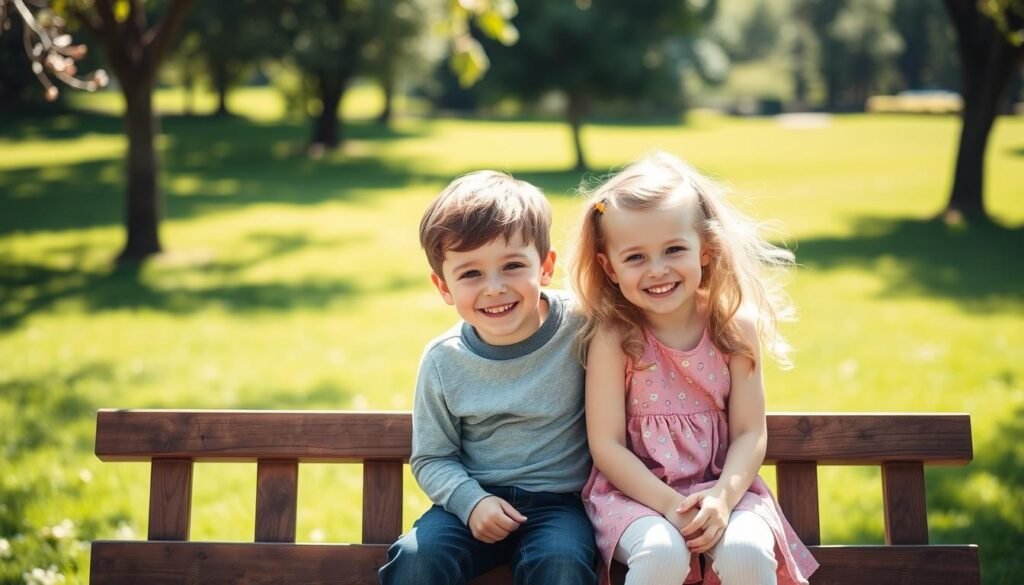 Two young siblings, a boy and a girl, sitting on a wooden bench in a sunlit park. The boy, 6 years old, has short brown hair and a friendly smile, while the girl, 4 years old, has long blonde curls and a playful expression. They are dressed in casual, comfortable clothes that complement each other's styles. The background features a lush green lawn, with a few scattered trees providing dappled shade. The lighting is soft and warm, creating a peaceful, natural atmosphere. The composition draws the viewer's attention to the children's interaction and the bond between them, showcasing the benefits and challenges of a 2-year age gap.