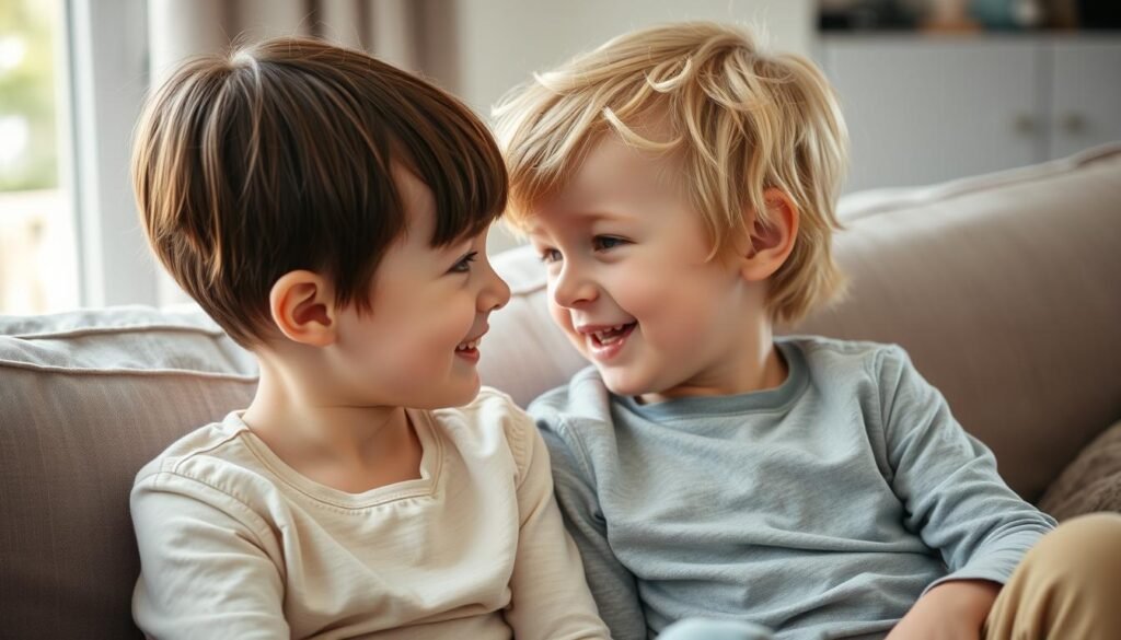 Two young siblings, a brother and sister, sitting together on a cozy couch. The sister, with her short, neatly styled brown hair, is leaning towards her brother, who has slightly longer, tousled blond locks. Their faces are close, and they are engaged in an animated conversation, expressions filled with warmth and affection. Soft, natural lighting filters in through a nearby window, casting a gentle glow on their features. The background is slightly blurred, drawing the viewer's attention to the siblings' intimate moment. The overall scene conveys a sense of closeness, comfort, and the special bond between siblings with a small age gap.