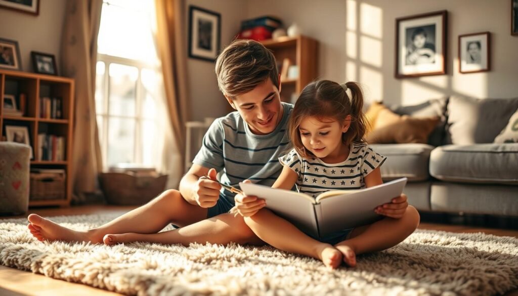 Two young siblings, an older brother and a younger sister, sitting on a plush rug in a cozy, sun-dappled living room. The brother helps the sister with her homework, patiently explaining concepts as she listens intently. Warm, soft lighting bathes the scene, creating an atmosphere of contentment and familial affection. In the background, framed photographs and a bookshelf suggest a loving, well-lived-in home. The siblings' posture and expressions convey a sense of closeness and trust, reflecting the benefits of their age gap and the strength of their bond.