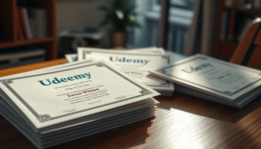 Udemy course certificates, neatly stacked on a wooden desk, reflecting a warm, inviting atmosphere. The certificates are emblazoned with the Udemy logo, showcasing a variety of subjects and levels of achievement. A soft, directional lighting casts subtle shadows, adding depth and texture to the arrangement. The certificates are positioned in the foreground, with a blurred background hinting at a cozy, home office setting. The overall mood is one of accomplishment, pride, and the joy of lifelong learning.