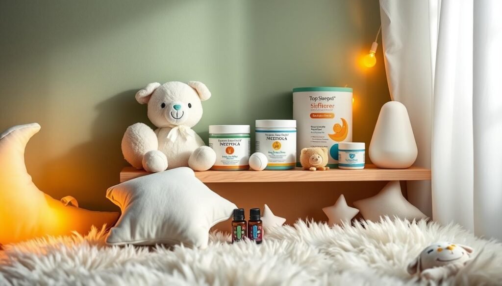 Whimsical display of top sleep aid products for children, showcased in a cozy, well-lit nursery setting. Soft, pastel-toned plush toys, natural herbal supplements, and soothing diffusers arranged on a wooden shelf against a sage green wall. Plush moon and star-shaped pillows, calming essential oil bottles, and a fluffy white rug in the foreground. Warm, gentle lighting casts a comforting glow, creating a tranquil, inviting atmosphere conducive to restful sleep. The composition emphasizes the natural, holistic nature of the sleep aids, targeting a peaceful, nurturing environment for young children.