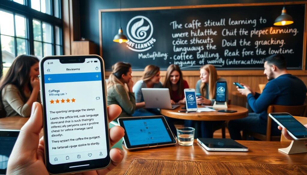 a cozy coffee shop interior with tall windows, warm lighting, and wooden furnishings. on the tables, various mobile devices and tablets display language learning app reviews, with users of diverse ages and backgrounds engaged in discussions. in the foreground, a smartphone screen shows a five-star rating and enthusiastic comments about the app's functionality and ease of use. the middle ground features a group of friends huddled around a laptop, animatedly comparing their language learning progress. the background depicts a chalkboard wall showcasing the app's logo and tagline, creating a welcoming and educational atmosphere. the overall scene conveys a sense of community, productivity, and a positive user experience with the language learning application.