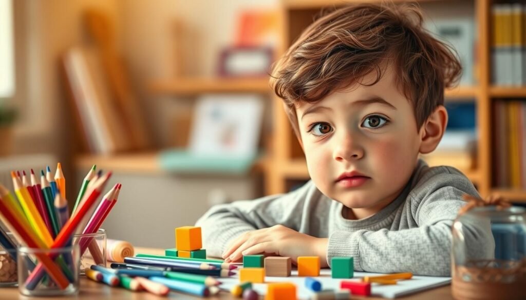 a curious young child, approximately 7-9 years old, with a thoughtful expression on their face, sitting at a desk in a cozy, well-lit study, surrounded by various creative and innovative tools and materials such as colorful pencils, sketchpads, building blocks, and a small science kit. The child's eyes are filled with a sense of wonder and they appear to be in the midst of an intriguing project or idea. The lighting is warm and inviting, creating a peaceful and inspiring atmosphere. The background is softly blurred, allowing the focus to remain on the child and their creative pursuits.