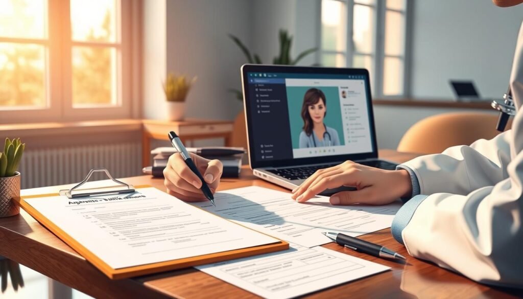 a detailed, hyper-realistic illustration of a therapy suitability assessment, showcasing a doctor's desk with various assessment materials, including a clipboard, questionnaire forms, and a laptop displaying a patient's profile. The scene is lit by warm, natural lighting filtering through large windows, creating a calming and professional atmosphere. The doctor's hands are visible, carefully reviewing the documents with a thoughtful expression. The overall composition conveys the importance and seriousness of the assessment process, reflecting the expertise and care required to determine the best online therapy services for the patient.