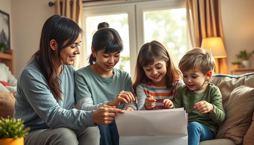 a detailed, photorealistic digital painting of a family of four - two parents and two young children - engaged in a collaborative activity that demonstrates the role of parents in nurturing leadership skills in their children. The scene is set in a cozy, well-lit home environment, with the parents guiding and encouraging the children as they work together on a hands-on project or engage in a thought-provoking discussion. The body language, facial expressions, and interactions between the family members convey a sense of trust, collaboration, and mutual support, highlighting the importance of parental involvement in the development of leadership qualities in children.