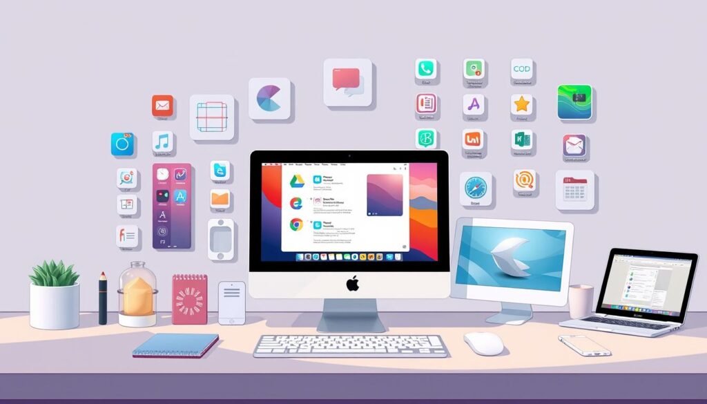 a detailed, realistic illustration of macOS productivity apps, featuring a clean, modern desktop environment with a variety of app icons and windows arranged in a visually appealing layout. The apps should represent a range of productivity categories such as note-taking, task management, file organization, and communication tools. The scene should be illuminated by soft, natural lighting, creating a calm and focused atmosphere. The composition should balance the elements to draw the viewer's attention to the apps and convey a sense of efficiency and organization. The overall tone should be professional and inviting, reflecting the "SetApp: Boost Productivity Tools" theme.