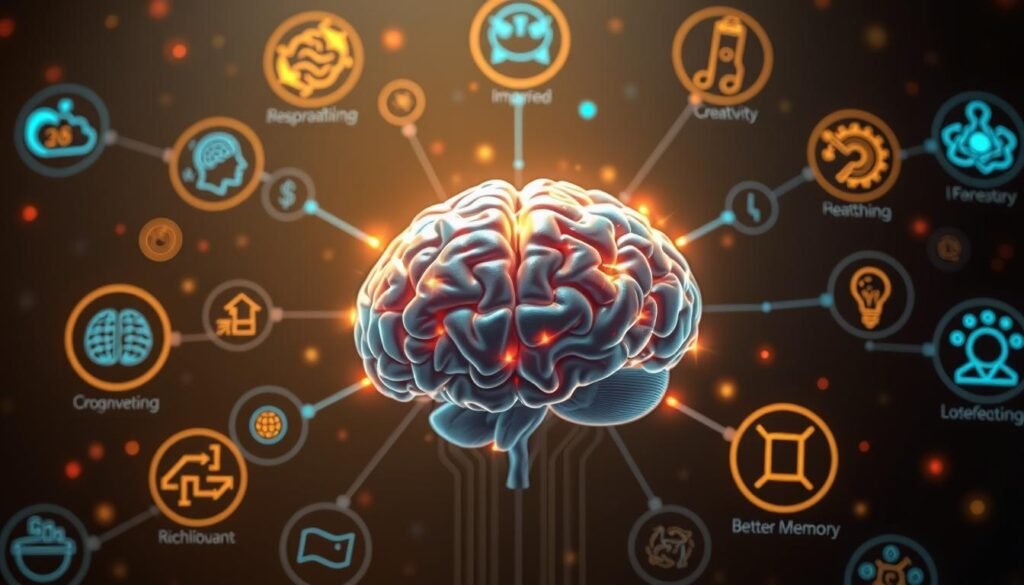 a highly detailed and photorealistic digital illustration of the benefits of brain stimulation, depicting a human brain surrounded by various glowing, colorful elements and icons representing the different advantages, such as improved cognitive function, enhanced creativity, better memory and focus, and overall mental well-being. The brain is shown in the center of the frame, with a warm, soft lighting illuminating it from above, creating a sense of depth and dimension. The surrounding elements are arranged in a visually striking, organized manner, conveying the comprehensive nature of the benefits in a clear and compelling way. The overall mood is one of scientific accuracy, innovation, and the profound impact of brain optimization.