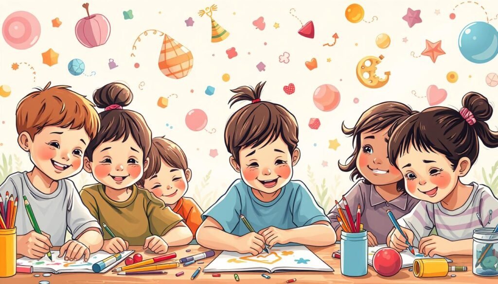 a vibrant, colorful illustration of young children engaged in creative activities, showcasing their natural imagination and inventiveness. The foreground depicts a group of diverse children, ranging in age, drawing, painting, and building with various art supplies and crafting materials. Their faces are filled with joy and focus, highlighting the pure, uninhibited expression of their creativity. The middle ground features a playful, whimsical background, with floating shapes, swirling patterns, and fantastical elements that mirror the children's imaginative spirits. The lighting is warm and natural, casting a sense of wonder and discovery. The overall composition conveys the boundless potential and sheer delight of a child's creative process.