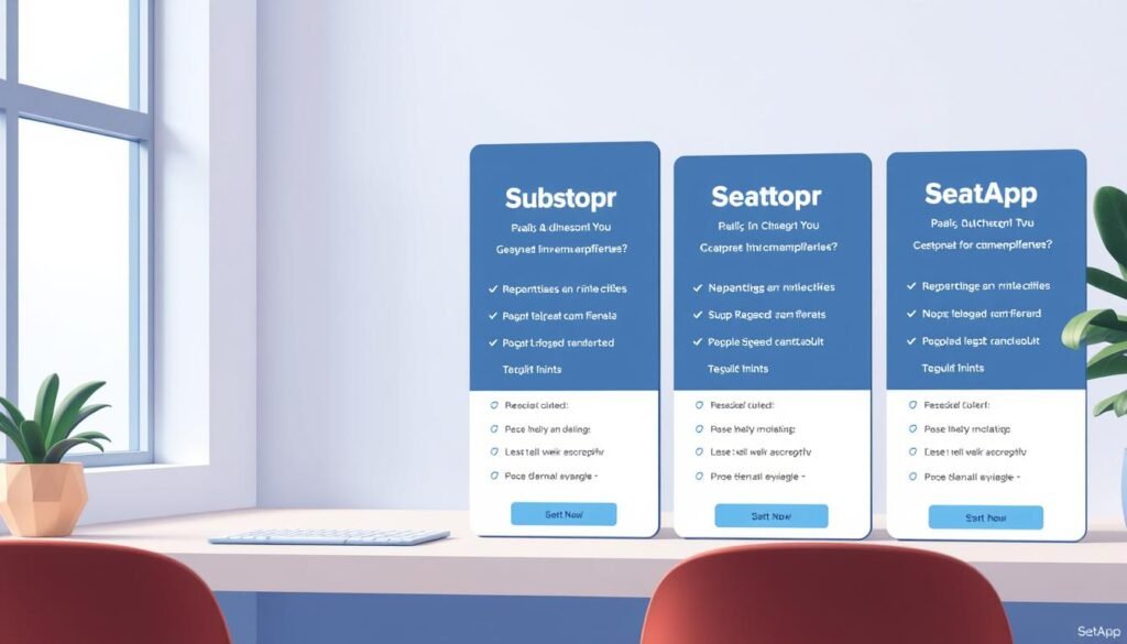 detailed illustration of SetApp's subscription pricing plans, featuring a clean and modern layout with three distinct plan options displayed prominently. The plans should be presented in a visually appealing manner, with clear delineations between the different tiers and their respective features. The color scheme should be coherent and harmonious, reflecting the branding and aesthetic of SetApp. The overall composition should be balanced and inviting, with a sense of depth and dimensionality to the scene. Lighting should be soft and diffused, creating a calm and professional atmosphere. The image should convey a sense of value and affordability for the various pricing plans offered by SetApp.