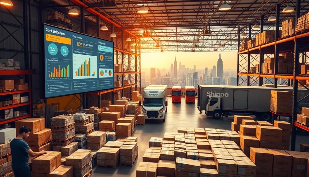 A bustling e-commerce warehouse with workers efficiently processing orders, stacking boxes, and loading delivery trucks. Warm lighting illuminates the scene, casting a sense of productivity and success. In the foreground, a large monitor displays real-time shipping metrics and customer feedback, showcasing the streamlined efficiency of the Shippo logistics platform. The middle ground features a diverse array of product packages, representing the wide range of businesses that have entrusted their shipping needs to Shippo. In the background, a panoramic view of the city skyline conveys the scale and impact of these e-commerce success stories.