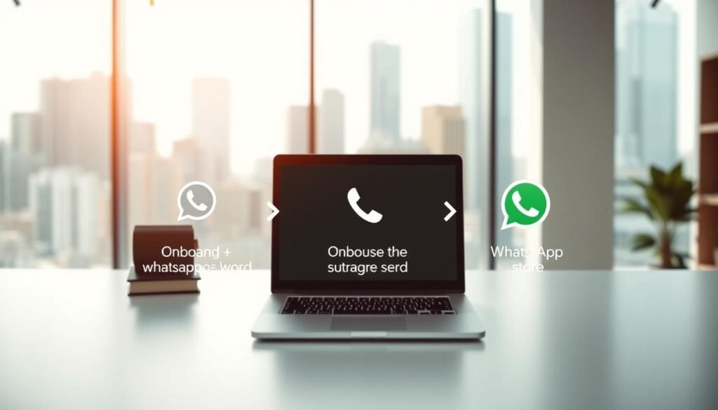 A clean, modern office setting with a large desk and laptop computer in the foreground. In the middle ground, three distinct steps of the WhatsApp Business onboarding process are displayed as simple, minimalist icons. The background features a blurred cityscape through a large window, evoking a professional, high-tech atmosphere. The lighting is soft and natural, creating an inviting and productive ambiance. The overall composition is balanced and visually appealing, guiding the viewer's attention to the key onboarding steps.