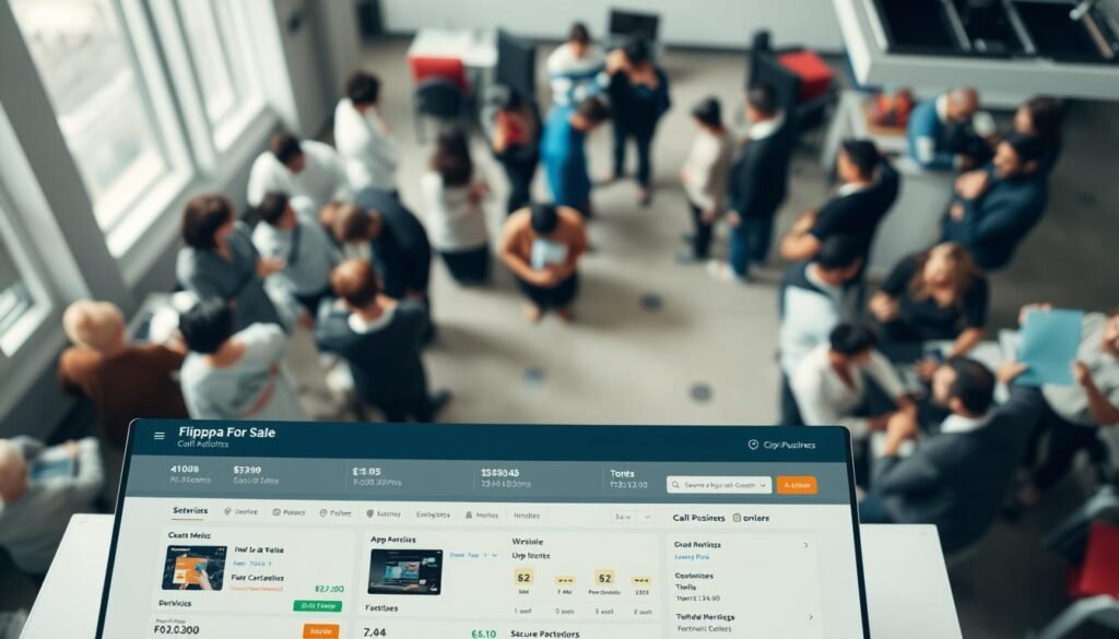 A comprehensive aerial view of the Flippa platform interface, showcasing its key features. In the foreground, a clean and intuitive dashboard displays listings of websites and apps for sale, with detailed metrics and analytics. The middle ground features a smooth transaction process, with secure payment options and escrow services. In the background, a vibrant community of buyers and sellers interacts, engaging in discussions and providing feedback. The lighting is soft and natural, emphasizing the platform's professionalism and trustworthiness. The camera angle is slightly elevated, conveying the platform's broad scope and comprehensive offerings for online businesses.