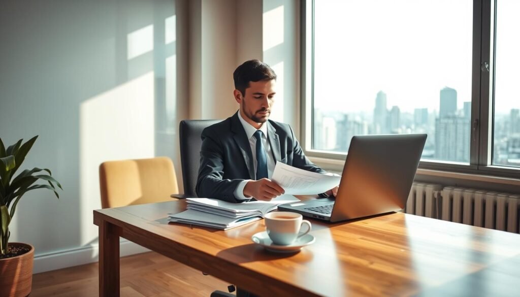 A cozy, well-lit office setting with a wooden desk and comfortable ergonomic chair. On the desk, a laptop, a cup of coffee, and a stack of documents. In the background, a large window with a picturesque city skyline. A professional business person, dressed in a crisp suit, sits at the desk, intently studying the documents and interacting with the laptop, exemplifying the process of optimizing seller and buyer profiles for an online business transaction. Soft, directional lighting illuminates the scene, creating a warm and productive atmosphere.