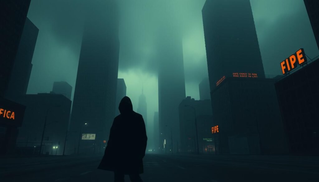 A dark and ominous cityscape, with towering skyscrapers shrouded in a hazy fog. In the foreground, a lone figure stands, their face obscured, casting a long, foreboding shadow. The streets are empty, save for a few scattered debris and the faint glow of neon signs. The atmosphere is tense and unsettling, hinting at the potential risks and dangers of navigating the uncharted waters of Flippa. Dim, dramatic lighting casts deep shadows, creating a sense of unease and uncertainty. The overall composition conveys a sense of the unknown, the unpredictable, and the potential pitfalls that lurk within the world of online marketplace transactions.