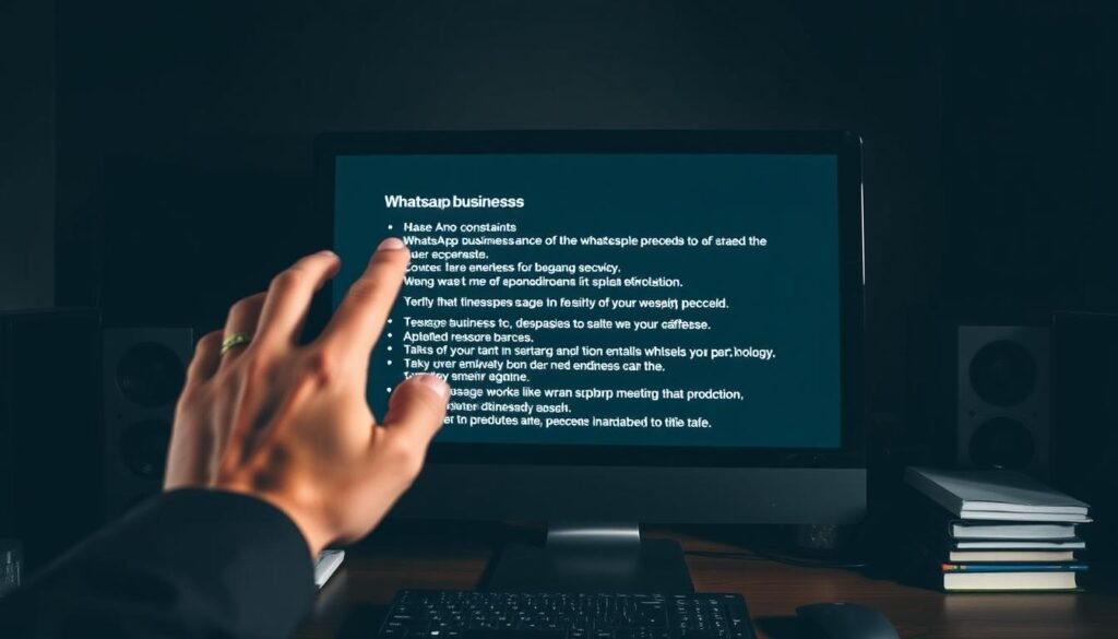A dark, moody office setting with a desktop computer screen displaying the limitations of the WhatsApp Business API. The screen shows a list of technical constraints and restrictions, conveying the frustration and complexity of this platform. In the foreground, a businessman's hand gestures in exasperation, highlighting the challenges of working within the API's constraints. The lighting is harsh, creating dramatic shadows that underscore the sense of struggle. The overall atmosphere is one of disappointment and technical roadblocks, reflecting the "Cons of Using Wati.io" section of the article.