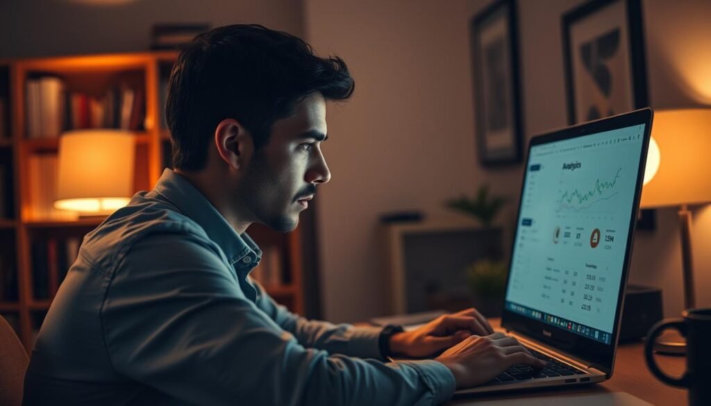 A dimly lit office interior, with a laptop screen displaying website analytics in a clean, intuitive dashboard. The user, dressed in a casual button-down shirt, is intently studying the data, brow furrowed in concentration. Soft, warm lighting creates a contemplative atmosphere, the desk lamp casting a gentle glow. In the background, a bookshelf and framed artwork suggest an environment of professionalism and diligence. The composition emphasizes the importance of thorough due diligence, with the user's focused expression conveying the gravity of the task at hand.